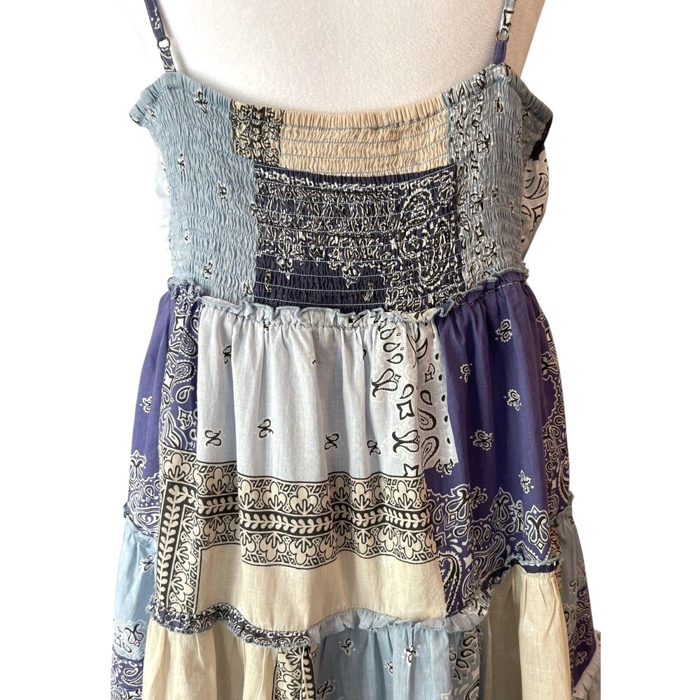 Lucky Brand Babydoll Tiered Dress Sz L Boho Festival Y2K Blue Patchwork Cotton - Picture 11 of 16